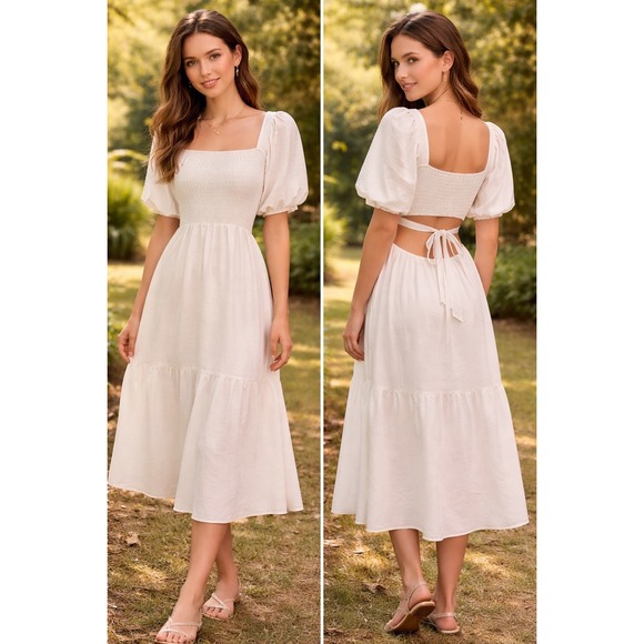 ASTR the Label Dresses & Skirts - ASTR The Label White Romantic Dress XS Cutout Tie Back Tiered Midi Garden